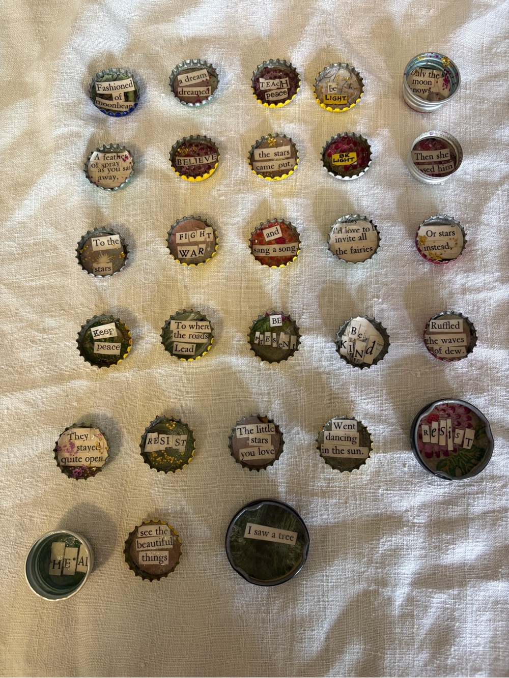 Handmade Repurposed Text & Floral Mixed Media Bottle Cap Magnets — Multicolor!